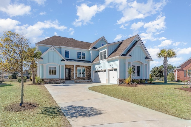 view of front of home featuring board and batten siding, concrete driveway, a front lawn, and an attached garage