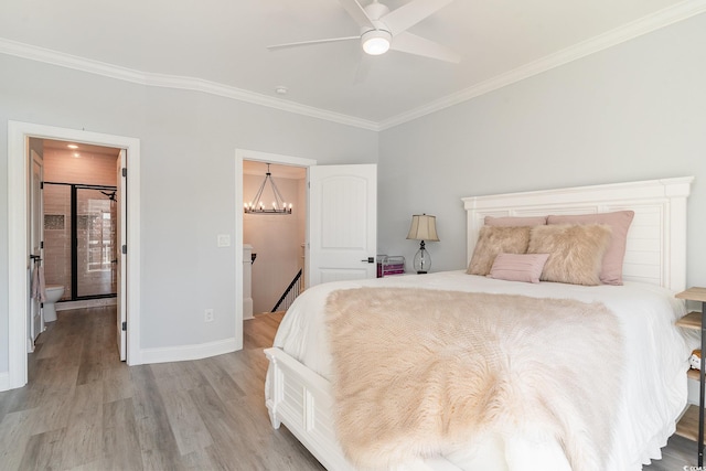 bedroom featuring ceiling fan with notable chandelier, ornamental molding, light wood-style flooring, and baseboards