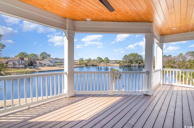 deck with a residential view, a water view, and ceiling fan