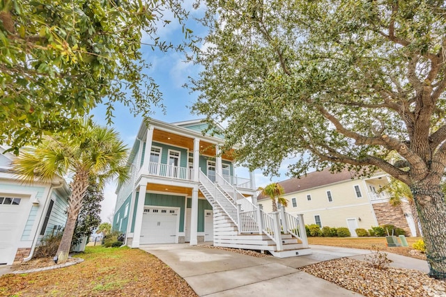 coastal home with an attached garage, stairway, a porch, and concrete driveway