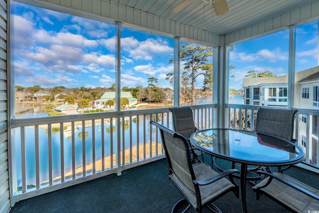 sunroom / solarium with a water view, ceiling fan, and a residential view