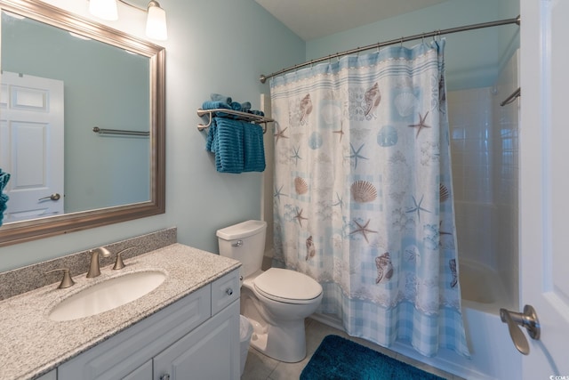 bathroom featuring toilet, shower / bath combination with curtain, vanity, and tile patterned floors