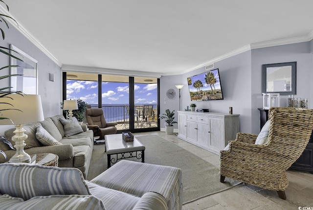 living area with ornamental molding and expansive windows