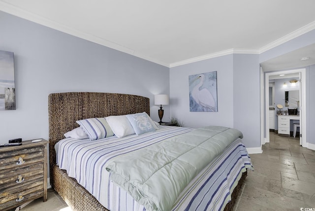 bedroom featuring baseboards, ornamental molding, and stone tile flooring