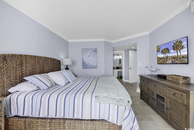 bedroom featuring ensuite bathroom, ornamental molding, and stone tile floors