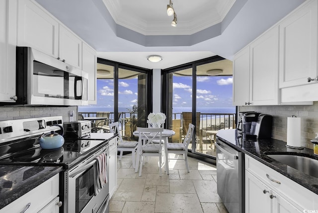 kitchen with appliances with stainless steel finishes, dark stone countertops, a raised ceiling, and white cabinets