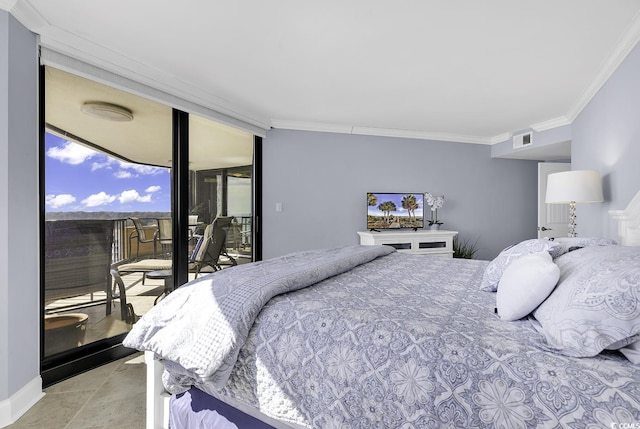 bedroom with visible vents, baseboards, access to outside, ornamental molding, and expansive windows