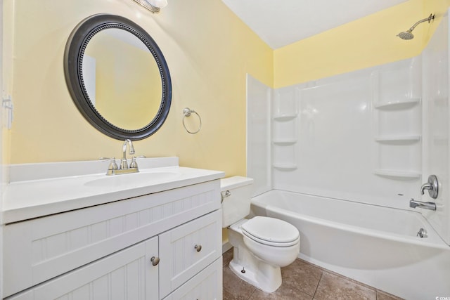 bathroom with tile patterned flooring, bathing tub / shower combination, vanity, and toilet