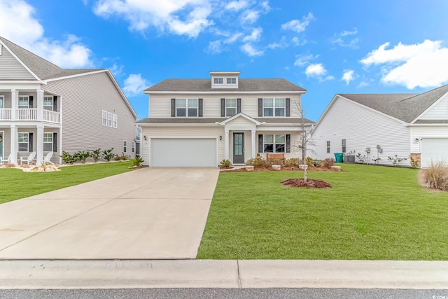 view of front facade with driveway, a front lawn, and an attached garage