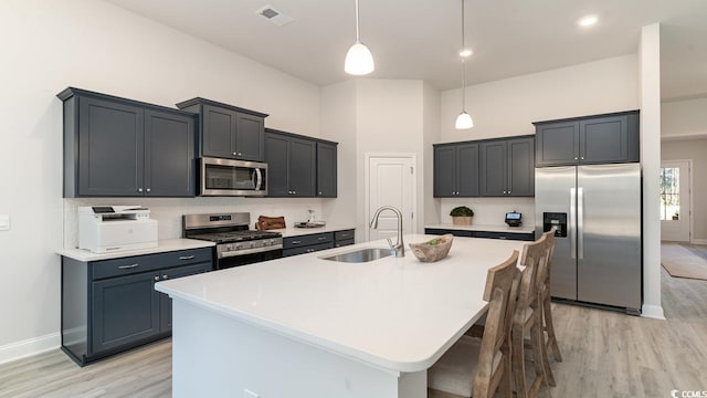 kitchen with visible vents, light wood finished floors, tasteful backsplash, appliances with stainless steel finishes, and a sink