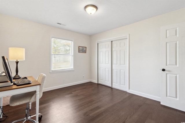 office featuring visible vents, dark wood finished floors, and baseboards