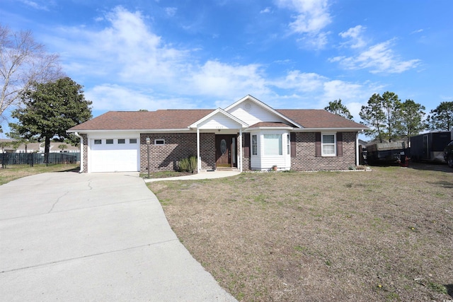 ranch-style house featuring a garage, brick siding, fence, concrete driveway, and a front yard