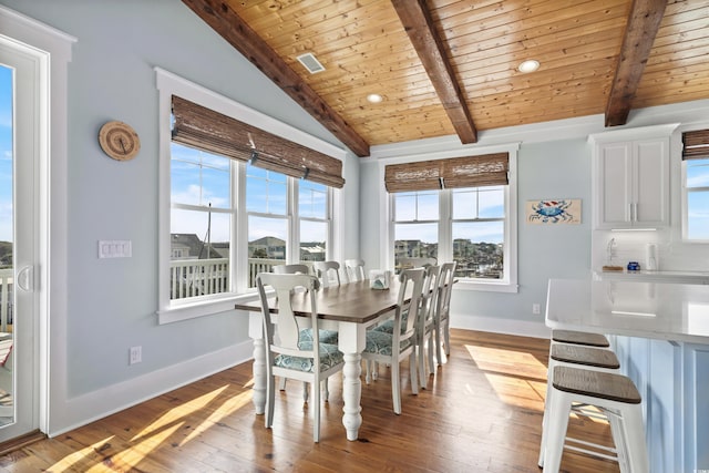 dining space with recessed lighting, lofted ceiling with beams, light wood-type flooring, wooden ceiling, and baseboards