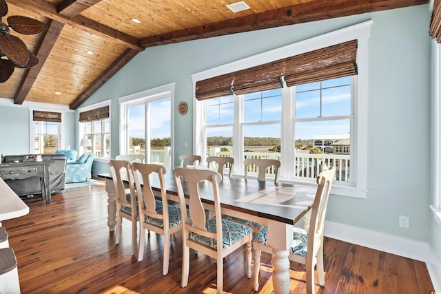 dining area with vaulted ceiling with beams, wooden ceiling, baseboards, and dark wood-style floors