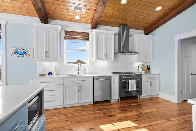 kitchen with white cabinets, wall chimney exhaust hood, appliances with stainless steel finishes, light countertops, and a sink