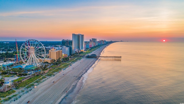 property view of water featuring a view of city and a beach view