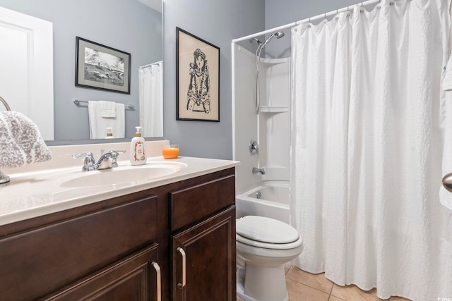 bathroom with shower / tub combo, vanity, toilet, and tile patterned floors