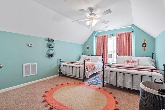 bedroom featuring vaulted ceiling, light carpet, visible vents, and baseboards