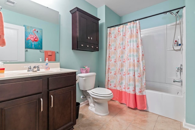 full bath with toilet, vanity, visible vents, tile patterned floors, and shower / bath combination with curtain