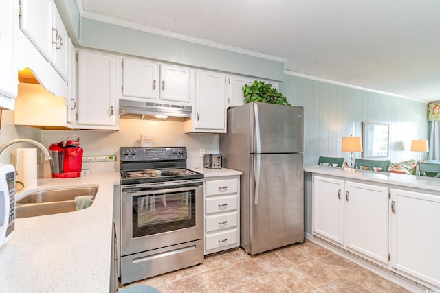 kitchen with stainless steel appliances, white cabinets, a sink, and under cabinet range hood