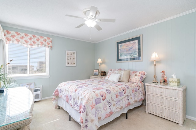 bedroom with light colored carpet, a ceiling fan, baseboards, an AC wall unit, and ornamental molding