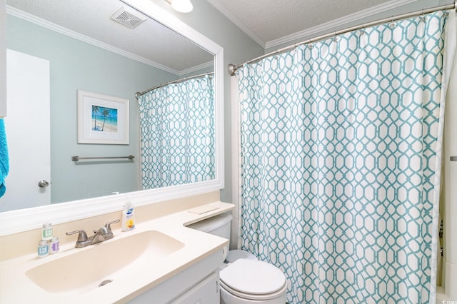 full bathroom with visible vents, toilet, vanity, crown molding, and a textured ceiling