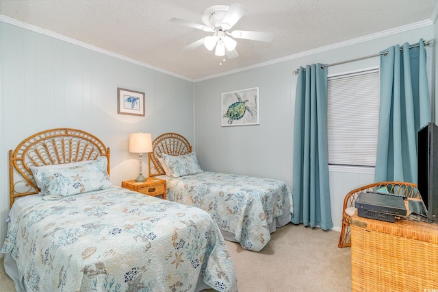 bedroom with a ceiling fan, ornamental molding, a textured ceiling, and light colored carpet