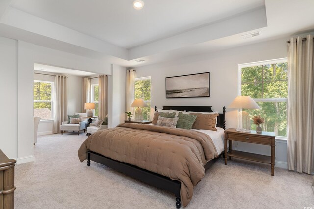 bedroom featuring light colored carpet, a tray ceiling, multiple windows, baseboards, and recessed lighting