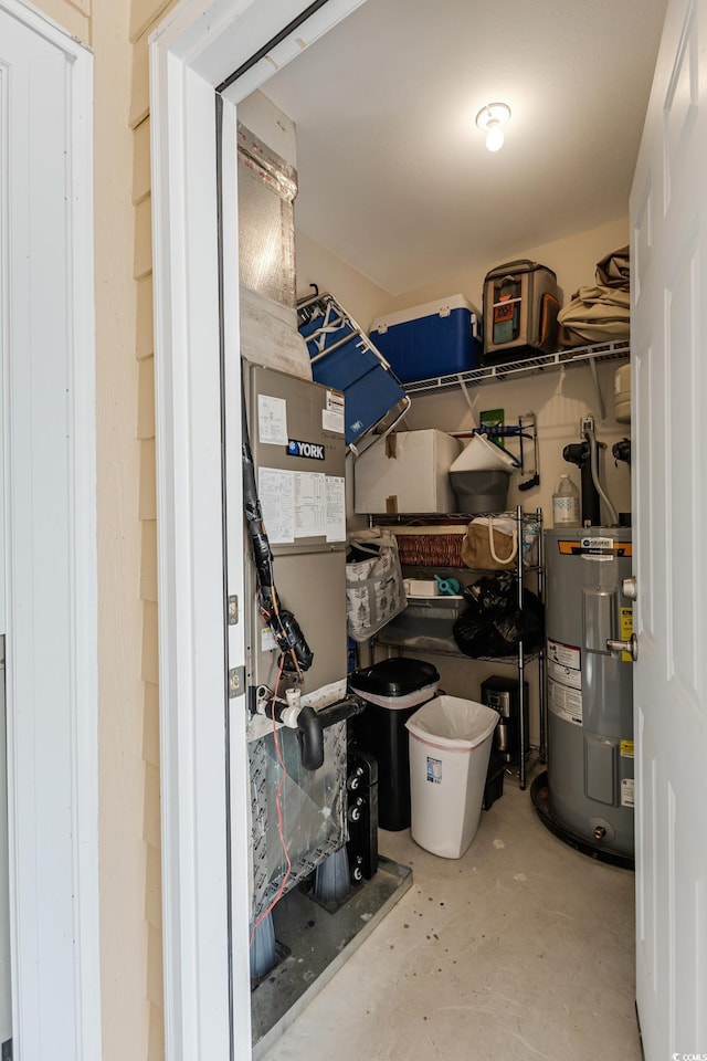 storage area featuring water heater
