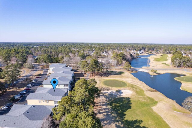 bird's eye view featuring a water view and golf course view