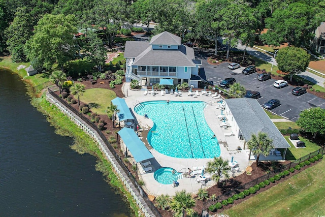 drone / aerial view featuring a water view