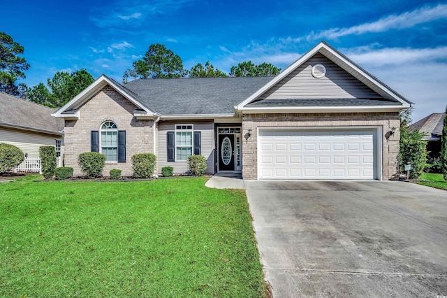 ranch-style home with an attached garage, brick siding, driveway, roof with shingles, and a front yard