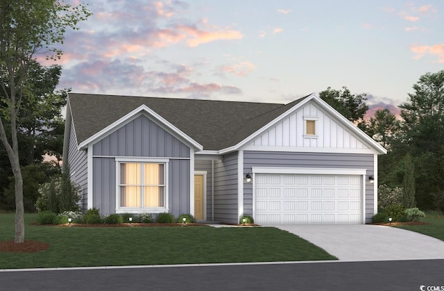 view of front of property featuring driveway, a front lawn, board and batten siding, a shingled roof, and a garage