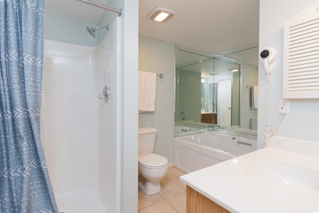 full bath featuring tile patterned flooring, toilet, and curtained shower