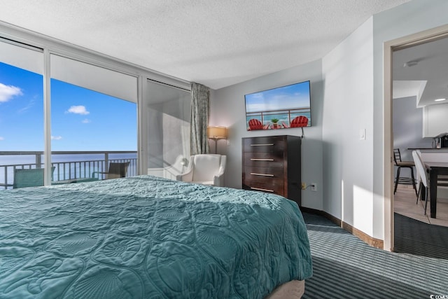 carpeted bedroom with a water view, baseboards, and a textured ceiling