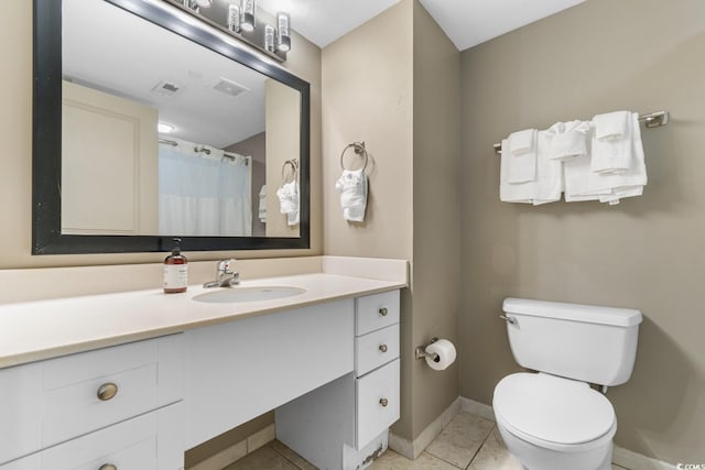 bathroom with visible vents, baseboards, toilet, tile patterned flooring, and vanity