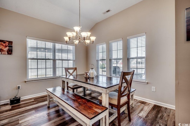 dining area featuring visible vents, lofted ceiling, plenty of natural light, dark wood-type flooring, and a chandelier