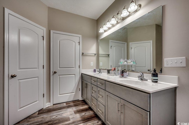 bathroom featuring double vanity, wood finished floors, and a sink