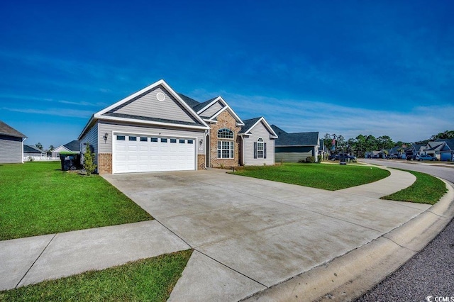 view of front of home featuring brick siding, an attached garage, concrete driveway, and a front lawn