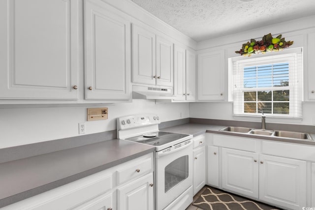 kitchen featuring white electric range oven, under cabinet range hood, white cabinetry, and a sink