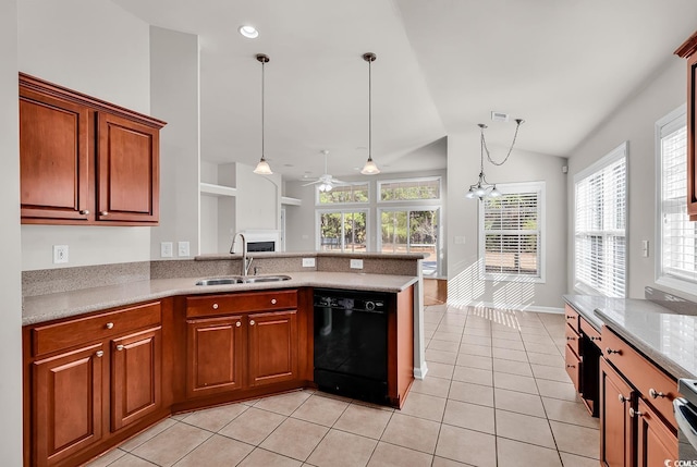 kitchen featuring light tile patterned flooring, vaulted ceiling, a sink, dishwasher, and a peninsula