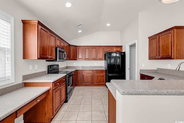 kitchen featuring light tile patterned floors, visible vents, black appliances, a sink, and recessed lighting