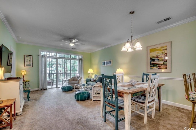 5750 Oyster Catcher Dr Unit 522, North Myrtle Beach, SC 29582 - dining room with ornamental molding, ceiling fan, carpet flooring, and a chandelier