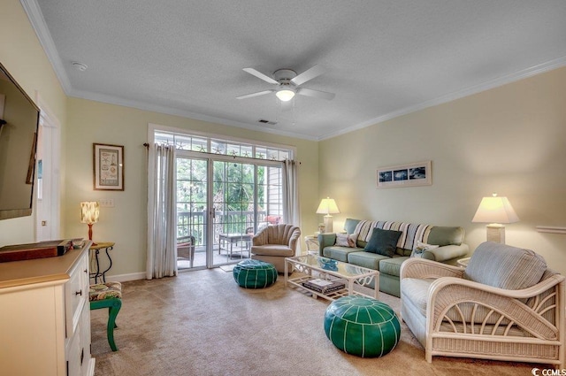 5750 Oyster Catcher Dr Unit 522, North Myrtle Beach, SC 29582 - living area with ceiling fan, ornamental molding, light colored carpet, and a textured ceiling
