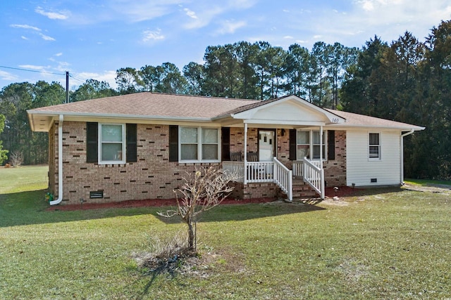 ranch-style house featuring a front yard, crawl space, brick siding, and roof with shingles