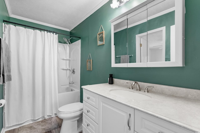 bathroom featuring shower / bathtub combination with curtain, crown molding, vanity, and toilet