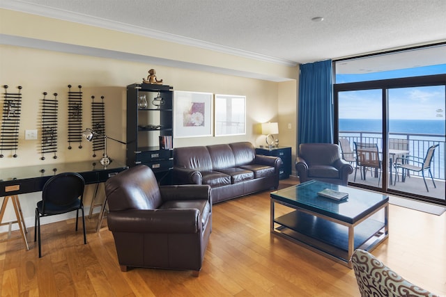 100 N Beach Blvd Unit 1917, North Myrtle Beach, SC 29582 - living area featuring ornamental molding, a textured ceiling, hardwood / wood-style floors, expansive windows, and a water view