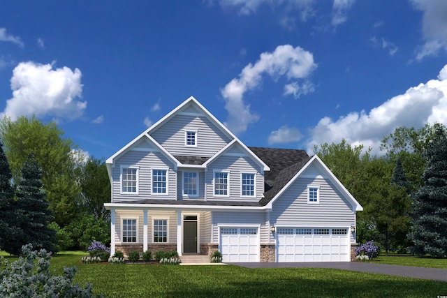 view of front of property with stone siding, a front lawn, an attached garage, and aphalt driveway