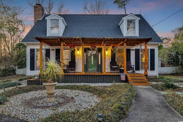 view of front of house with covered porch, a shingled roof, a chimney, and fence