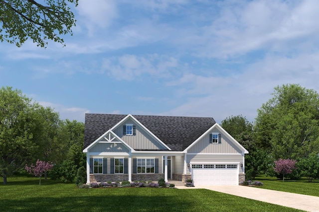 craftsman-style home with a shingled roof, a front yard, a garage, stone siding, and driveway